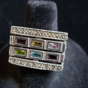Modern SS and marcasite multi gemstone ring.